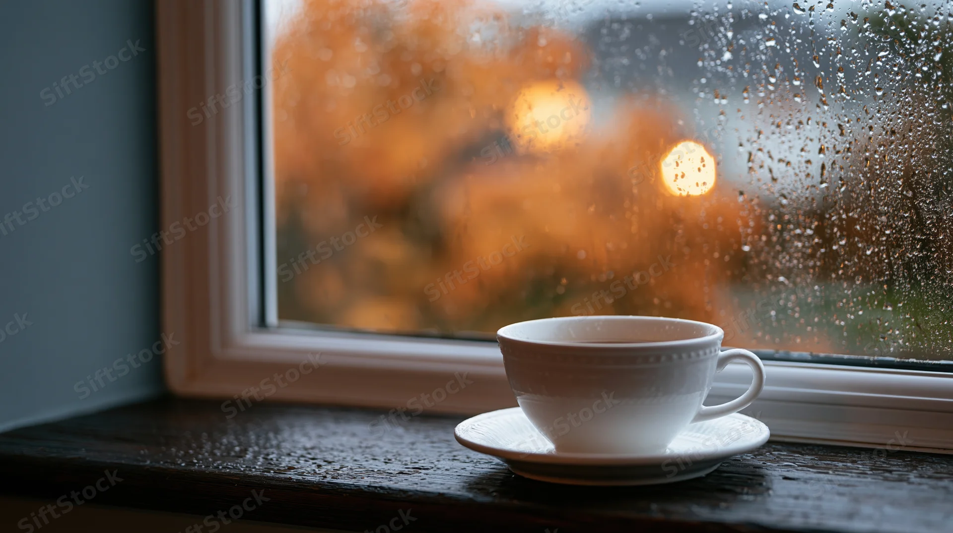 White ceramic coffee cup on saucer resting on dark wooden windowsill beside rain-streaked window with autumn foliage blurred outside