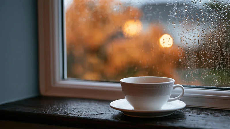 White ceramic coffee cup on saucer resting on dark wooden windowsill beside rain-streaked window with autumn foliage blurred outside