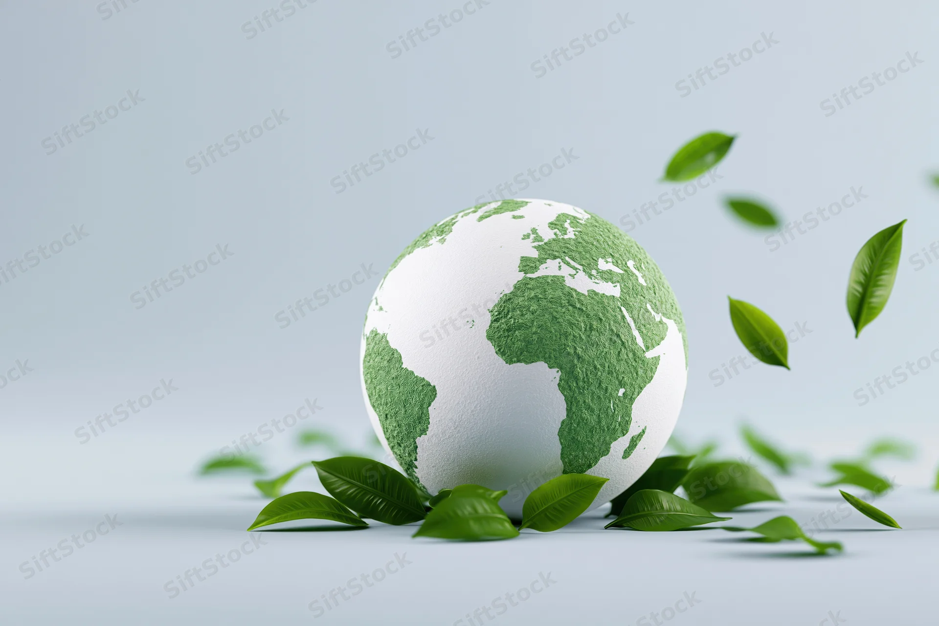 White globe with green textured continents surrounded by floating leaves on a light background