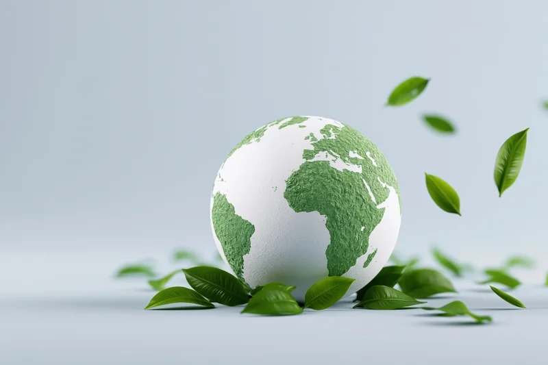 White globe with green textured continents surrounded by floating leaves on a light background