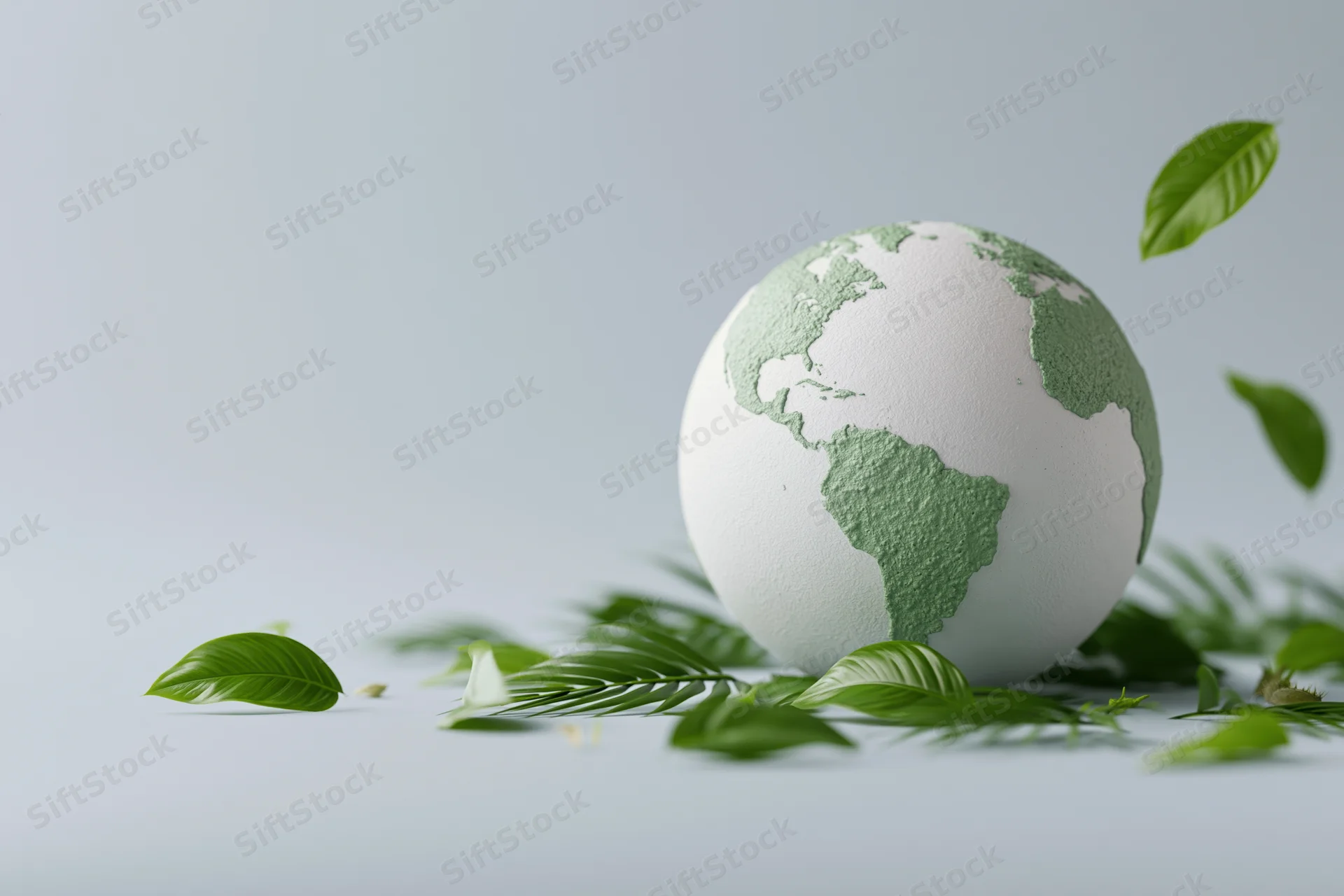 White globe with green textured continents surrounded by scattered leaves on a light surface