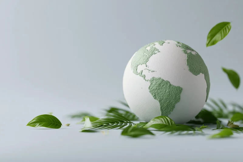 White globe with green textured continents surrounded by scattered leaves on a light surface