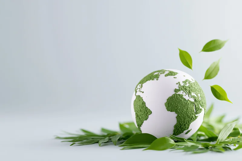 White globe with green textured continents surrounded by floating leaves on a light surface