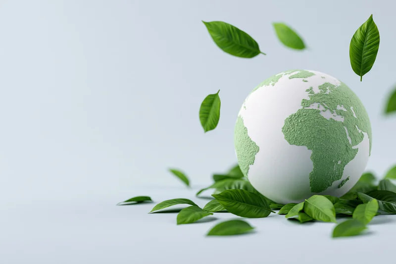 White globe with green textured continents surrounded by floating leaves on a light background