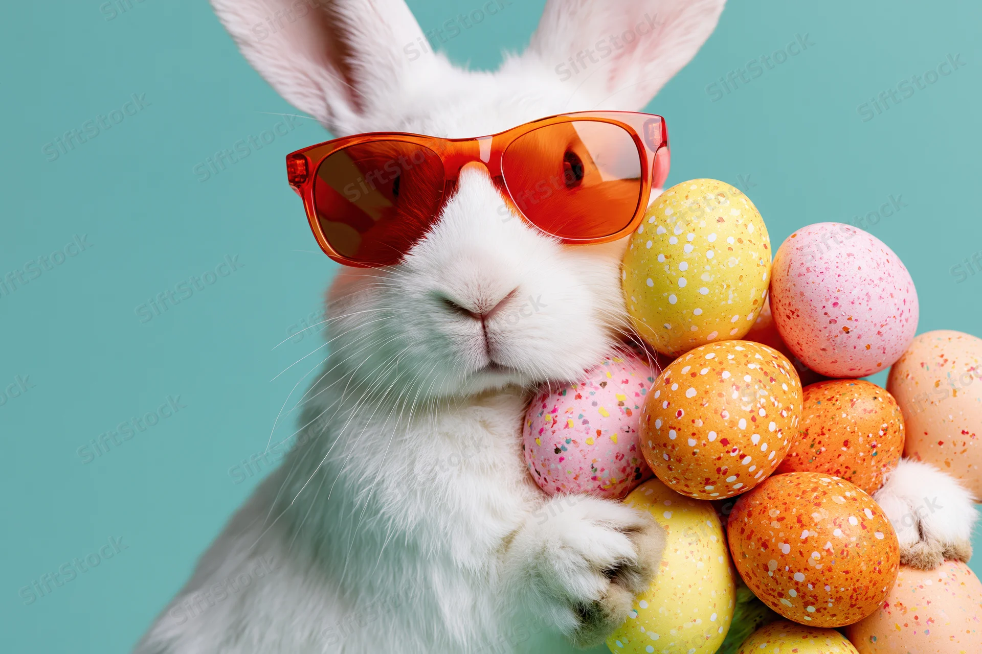 White rabbit wearing red-orange sunglasses holding colorful speckled eggs against teal background