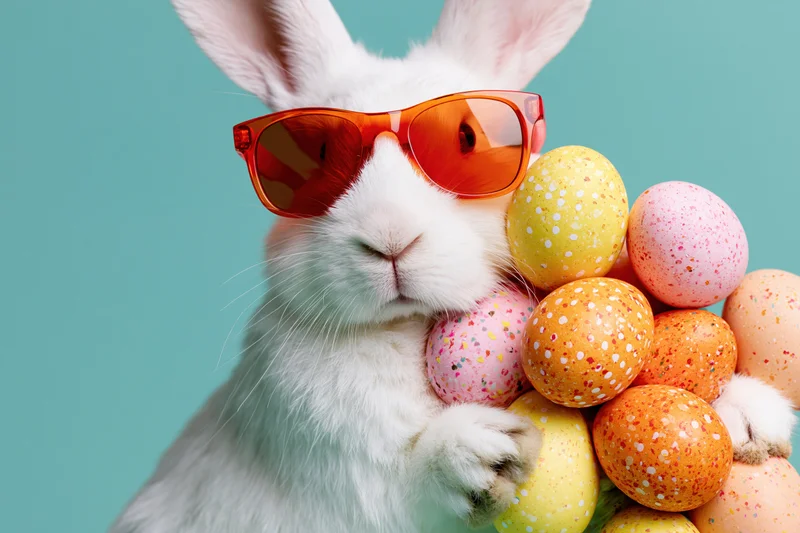 White rabbit wearing red-orange sunglasses holding colorful speckled eggs against teal background