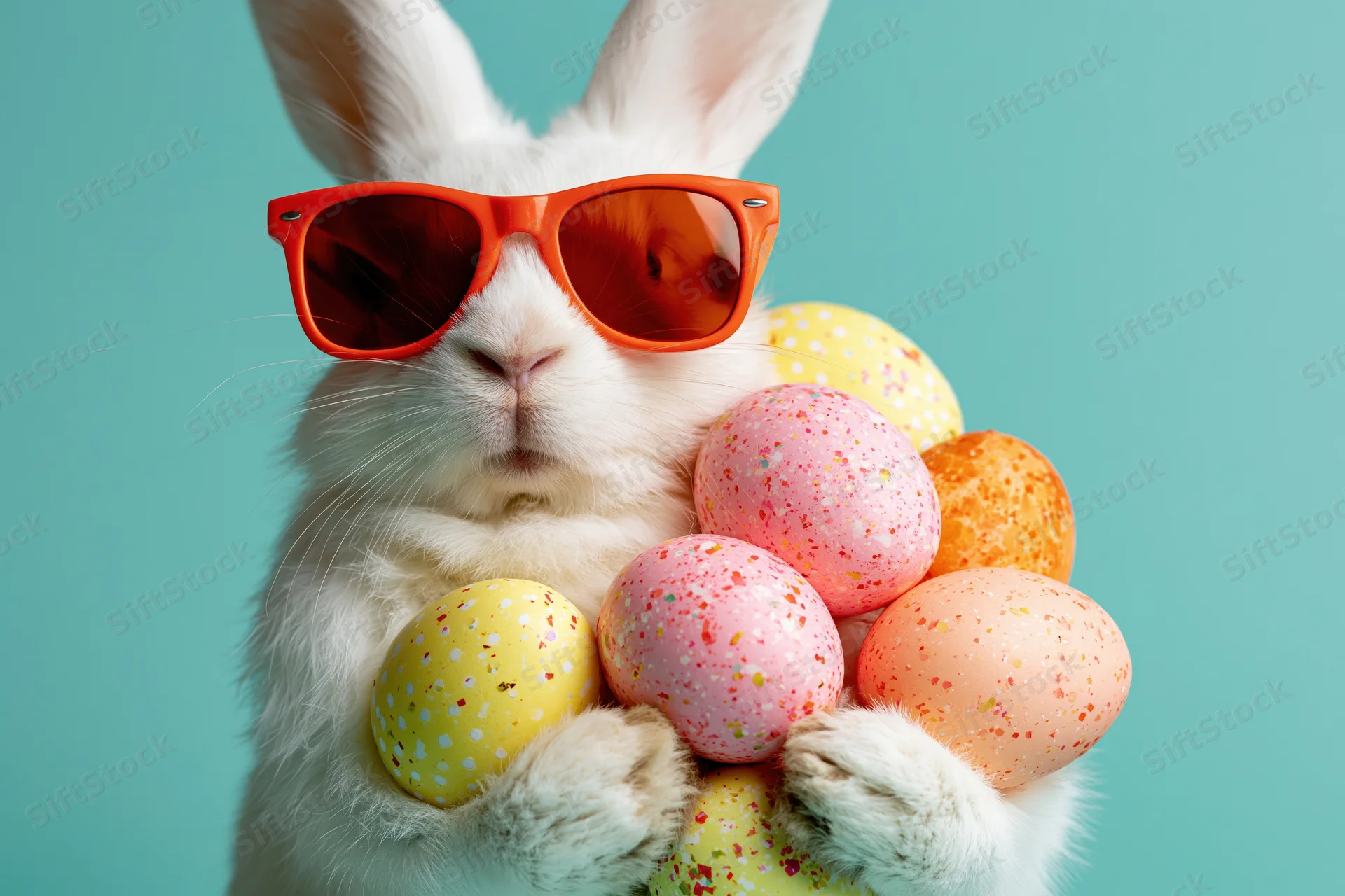 White rabbit wearing red-orange sunglasses holding colorful speckled easter eggs against teal background