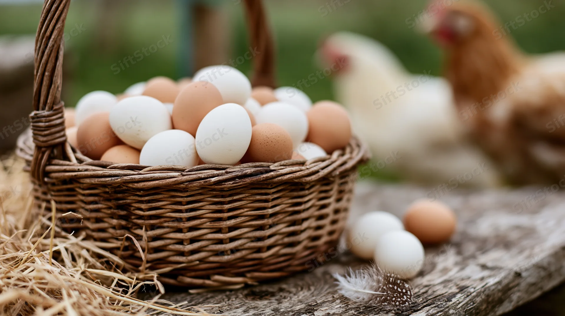Wicker basket filled with white and brown eggs on wooden table with chickens in background