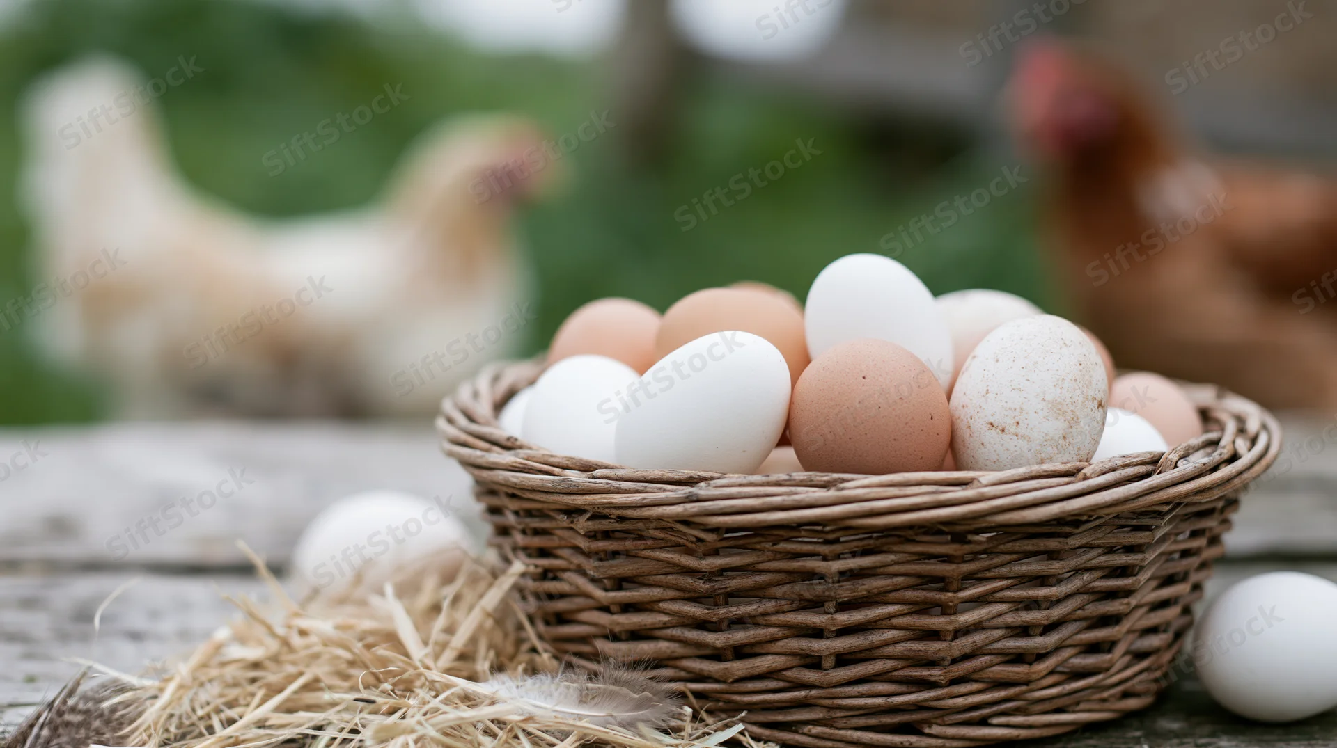 Wicker basket filled with fresh white and brown eggs on a wooden table with chickens in the background