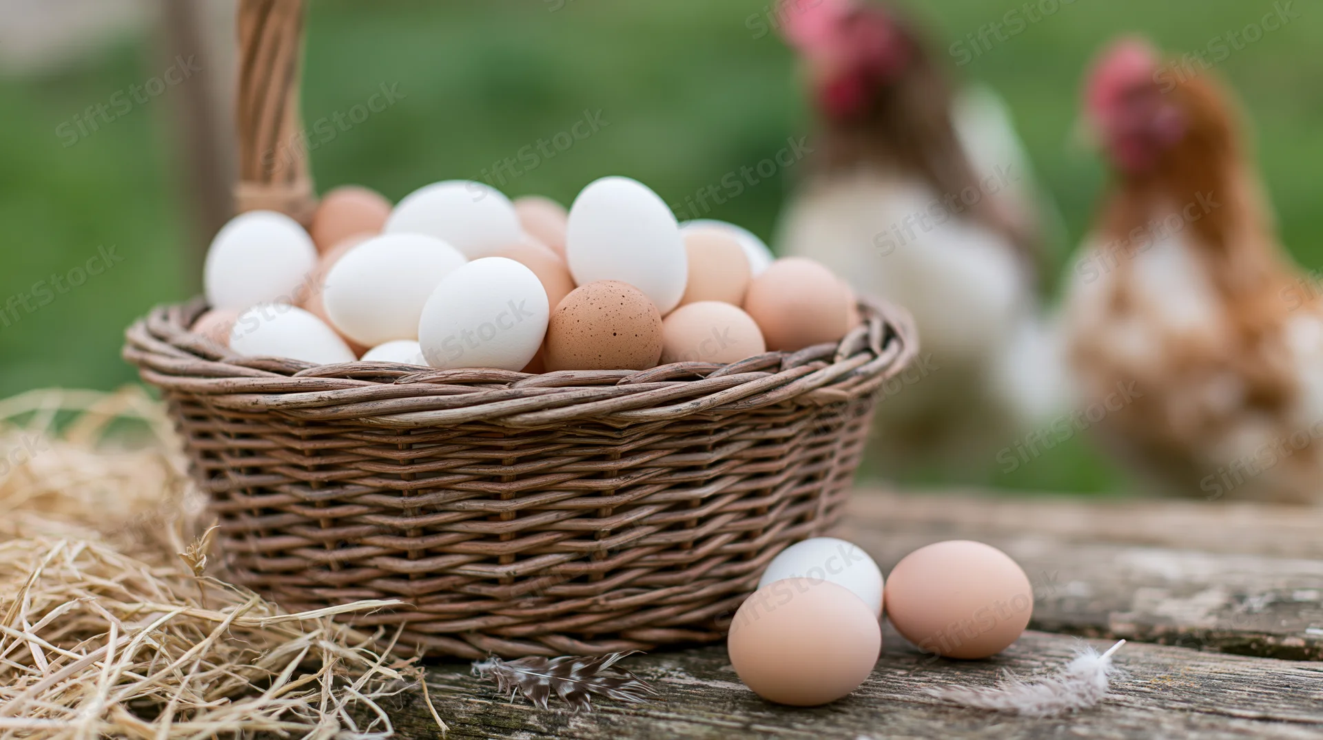 Wicker basket filled with white and brown eggs on wooden table with chickens in background