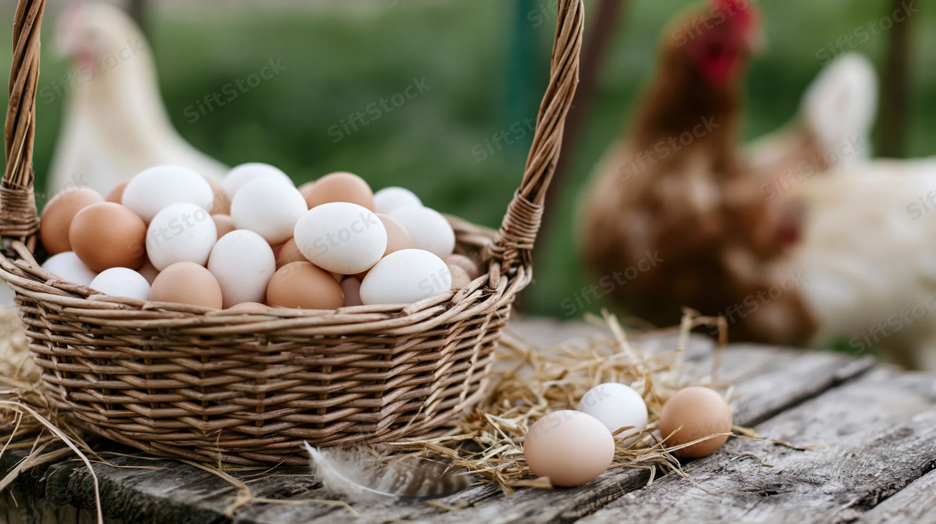 Wicker basket filled with white and brown eggs on a wooden table with chickens in the background