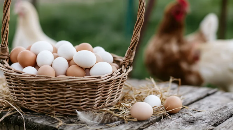 Wicker basket full of white and brown eggs on a table outdoors