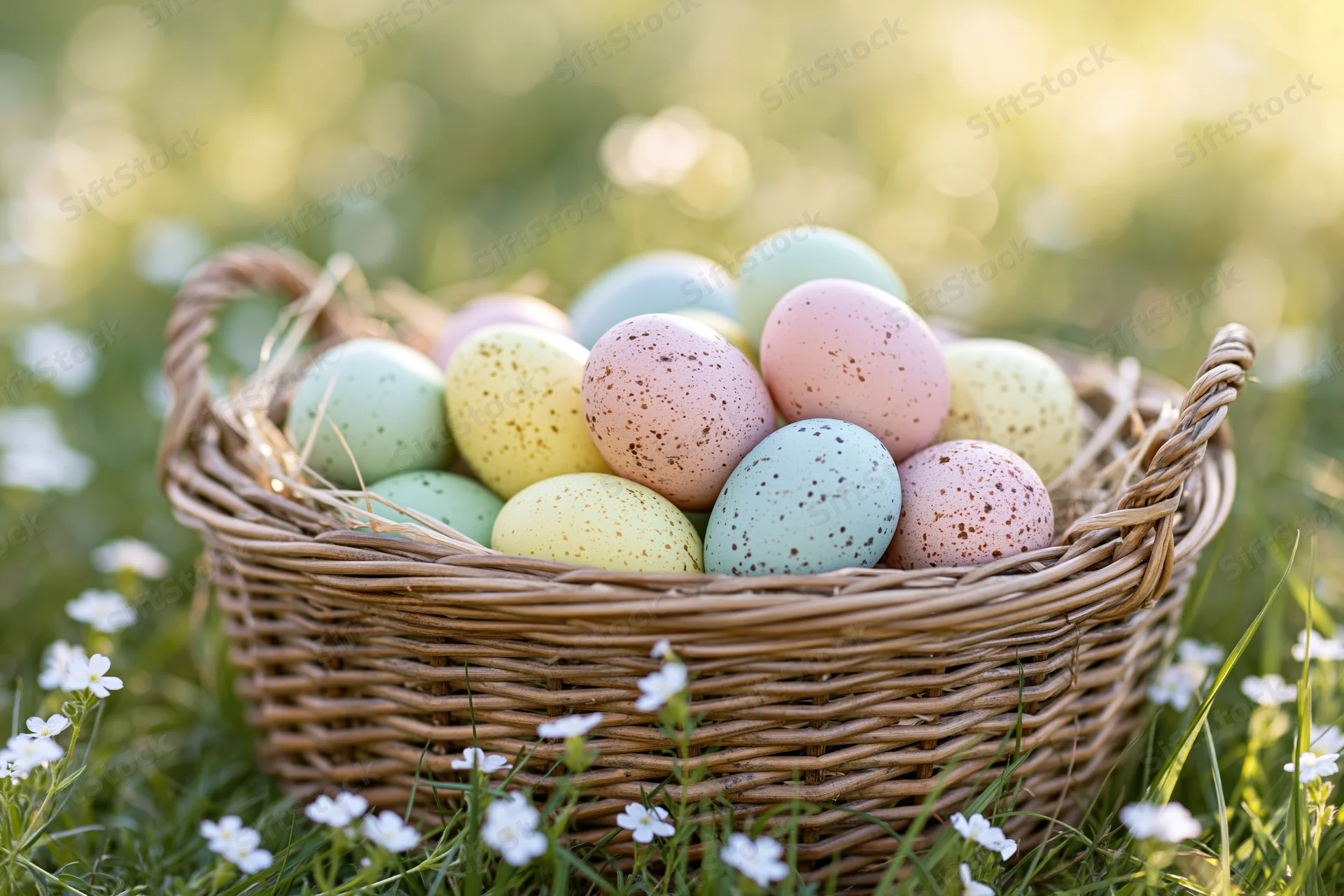 Pastel-colored easter eggs in a wicker basket on grass with small white flowers