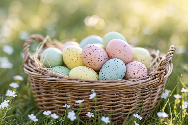 Pastel-colored easter eggs in a wicker basket on grass with small white flowers