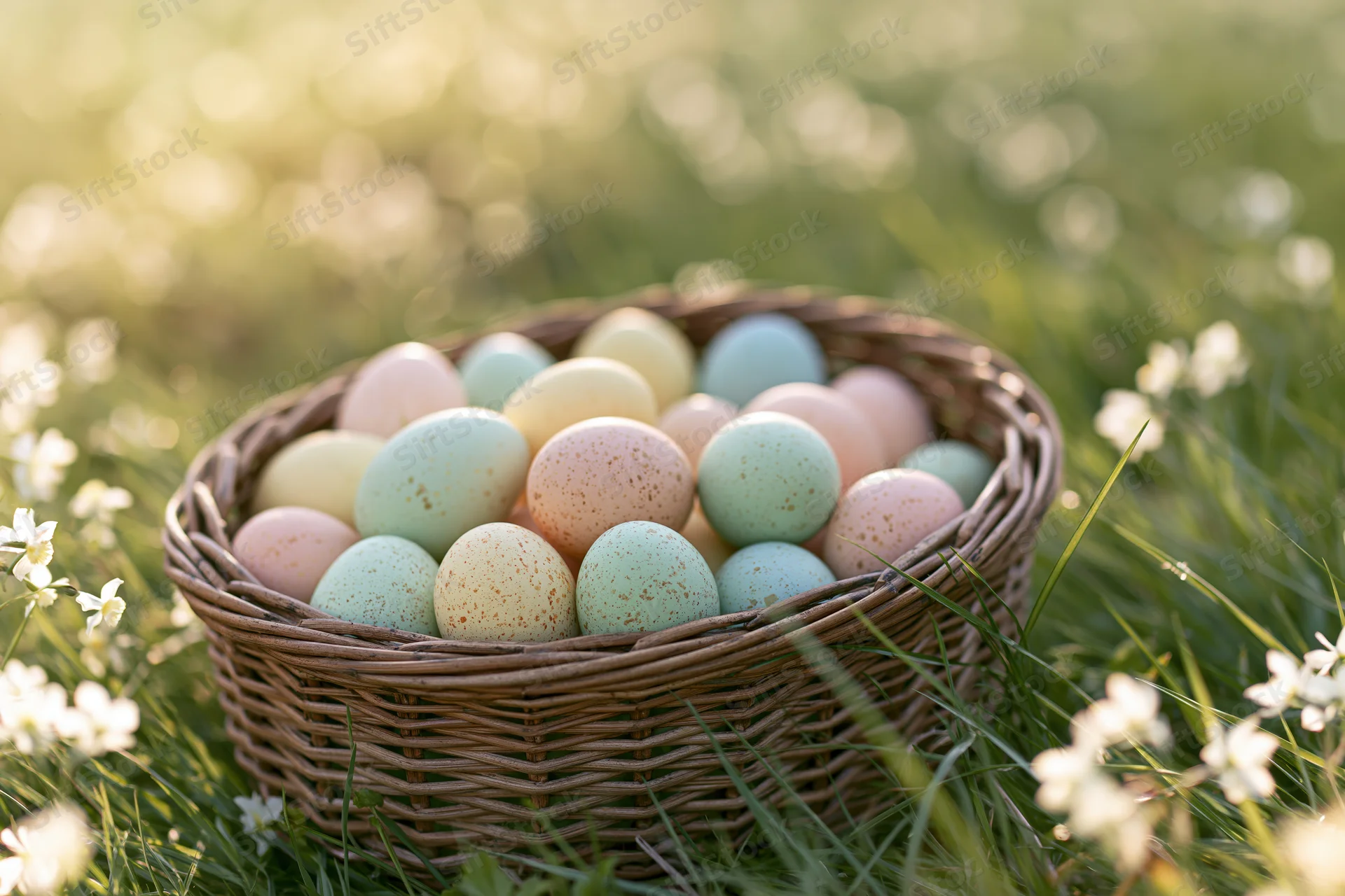 Wicker basket filled with pastel-colored easter eggs resting in a grassy field with white flowers