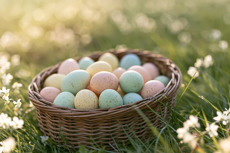 Wicker basket filled with pastel-colored easter eggs resting in a grassy field with white flowers