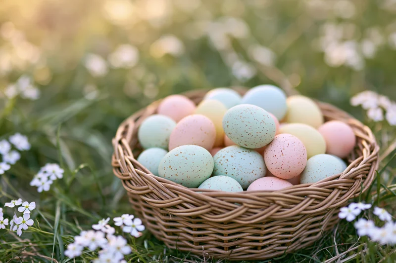 Wicker basket filled with pastel speckled easter eggs in a grassy field with white flowers