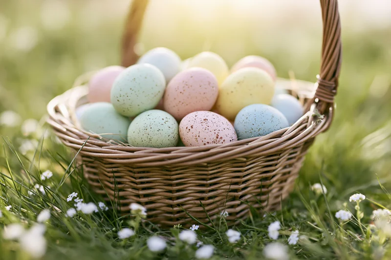 Wicker basket filled with pastel speckled eggs resting on grass with small white flowers