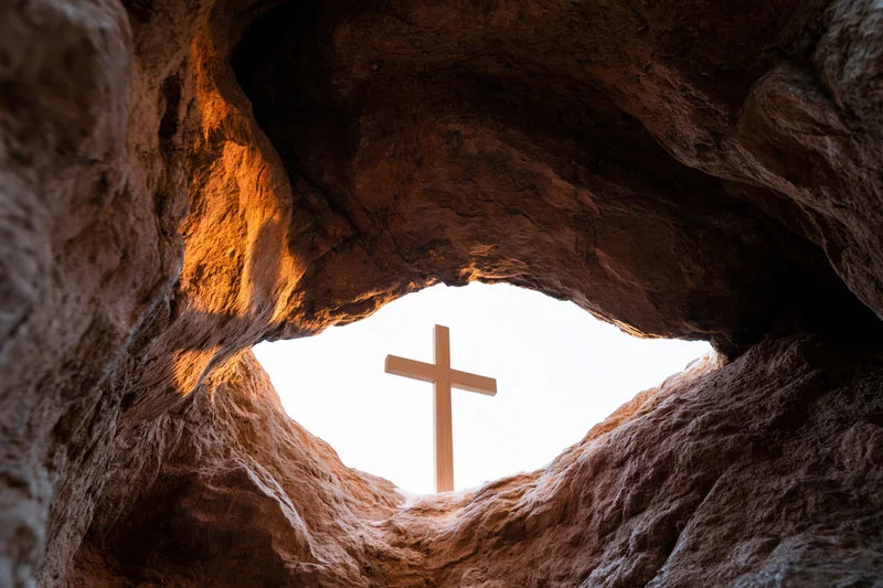 Wooden christian cross silhouetted at cave entrance viewed from inside rock formation