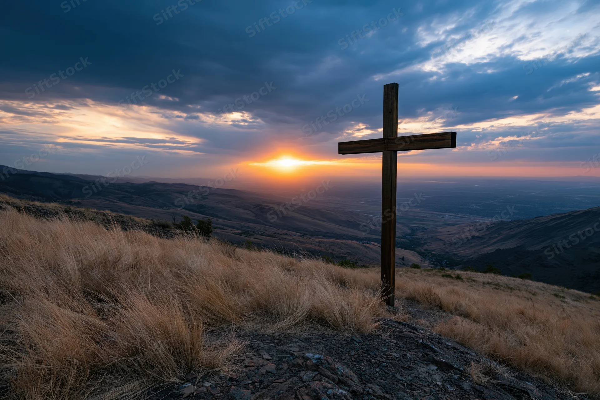 Wooden cross on a hilltop at sunset overlooking a valley