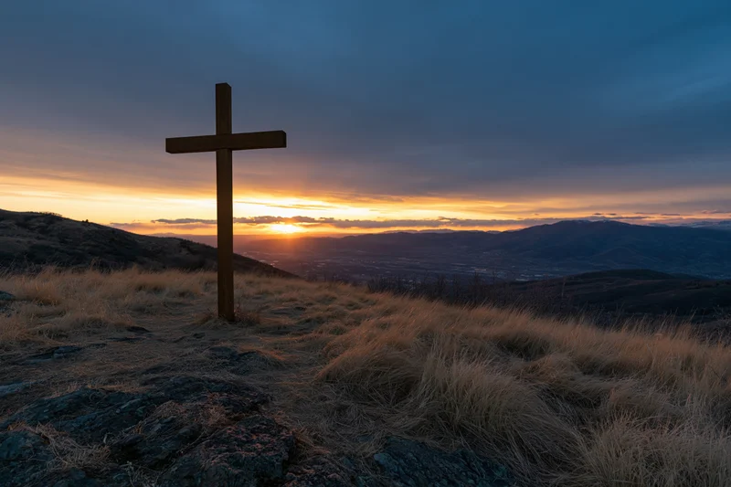Wooden cross on a hilltop at sunset overlooking a mountain valley