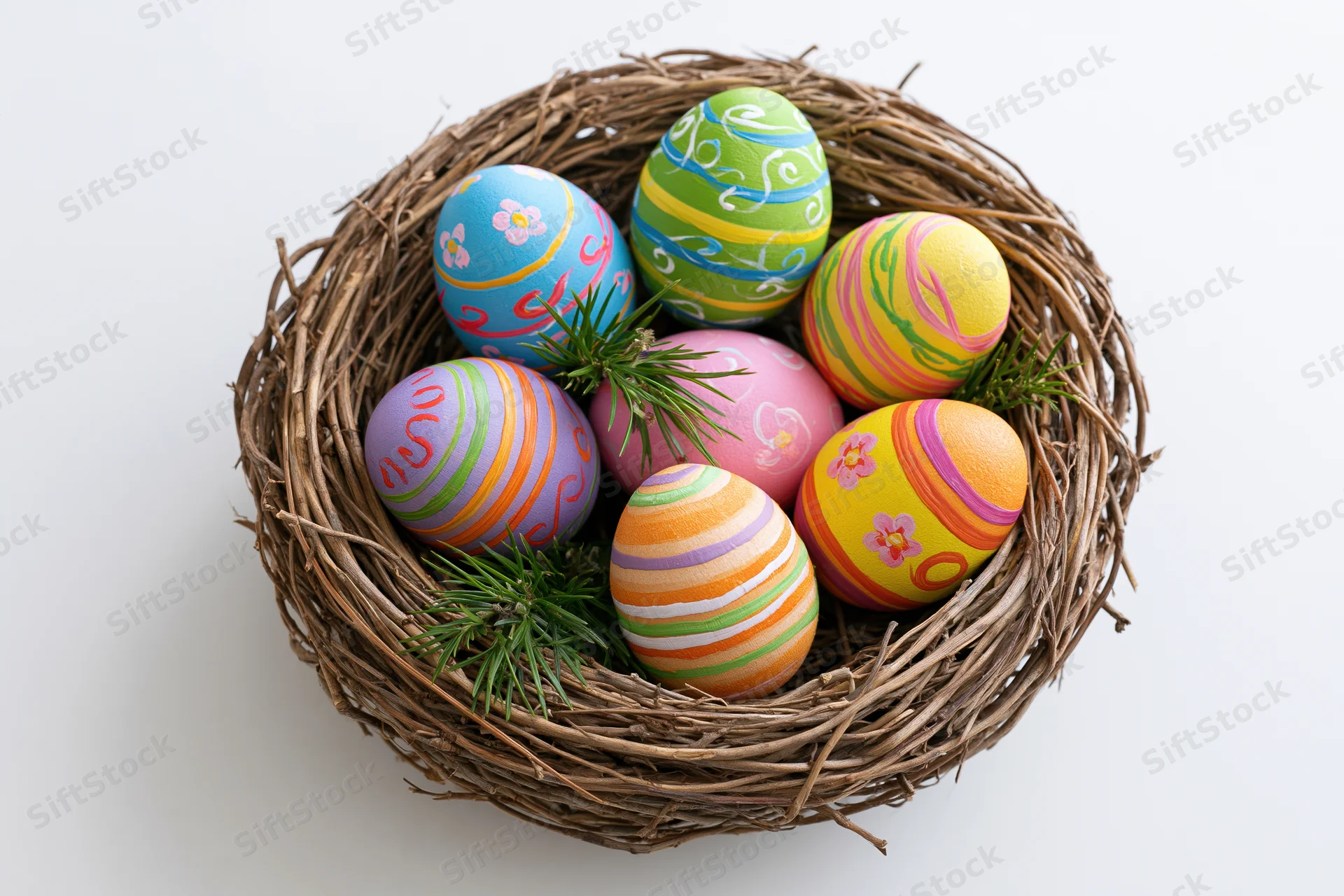 Hand-painted easter eggs in a woven twig nest on white background