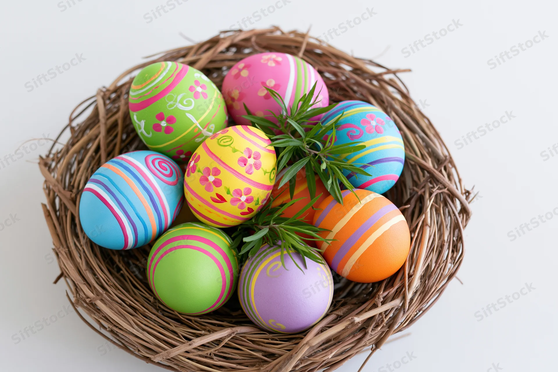 Colorful hand-painted easter eggs in a woven twig nest on white background