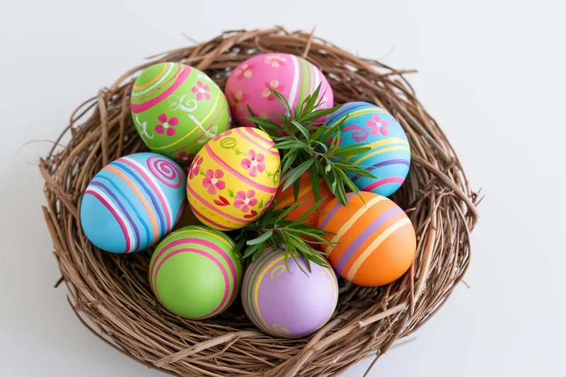 Colorful hand-painted easter eggs in a woven twig nest on white background