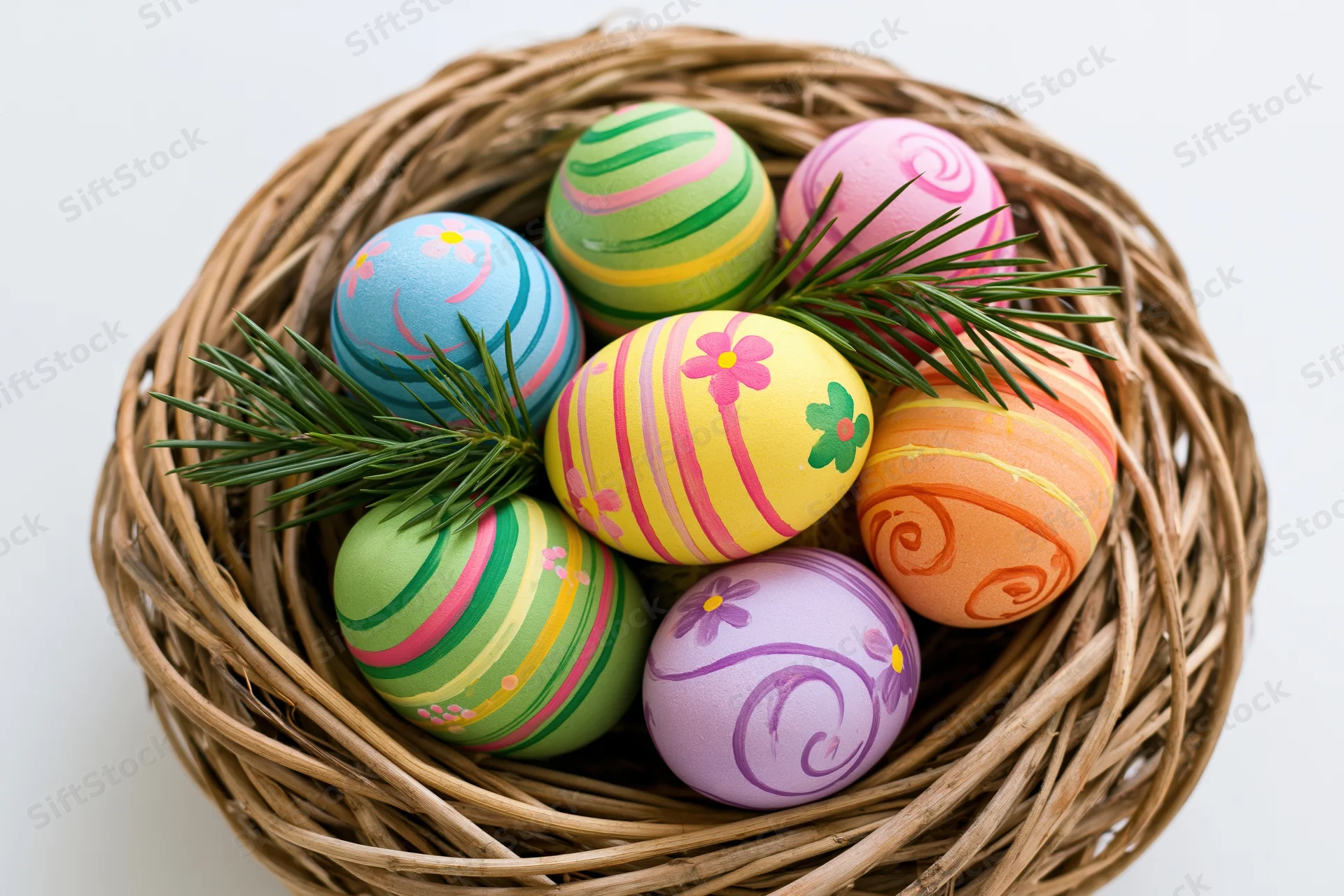 Hand-painted easter eggs in a woven twig nest with pine sprigs