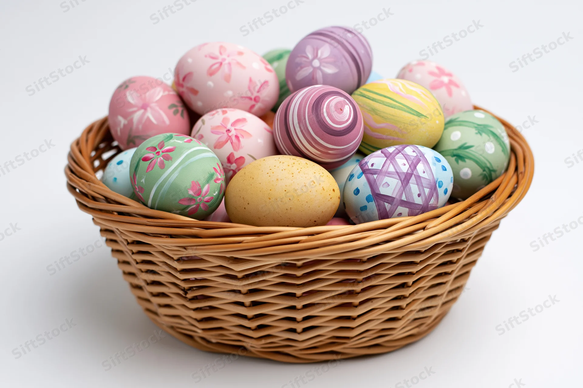 Woven wicker basket filled with hand-painted easter eggs in pastel colors on white background