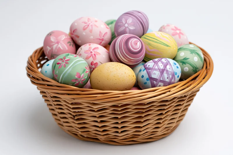 Woven wicker basket filled with hand-painted easter eggs in pastel colors on white background