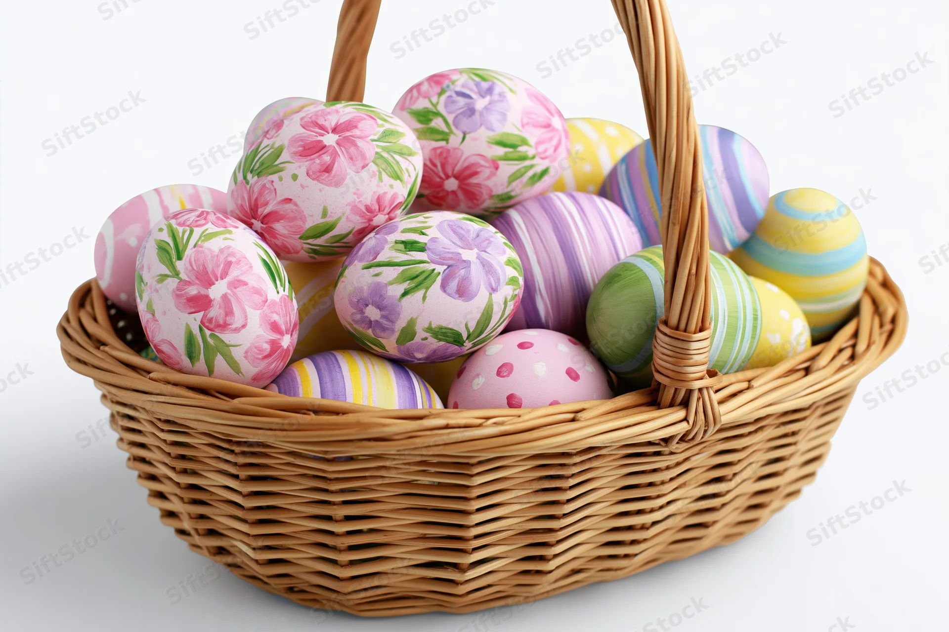 Woven wicker basket filled with hand-painted easter eggs decorated with floral and striped patterns on white background