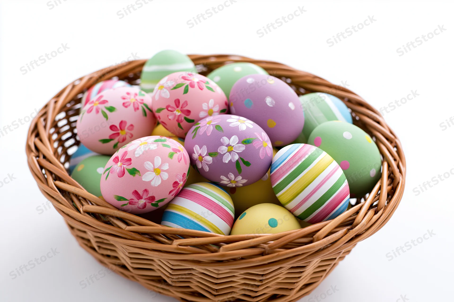 Hand-painted easter eggs in a woven wicker basket on white background