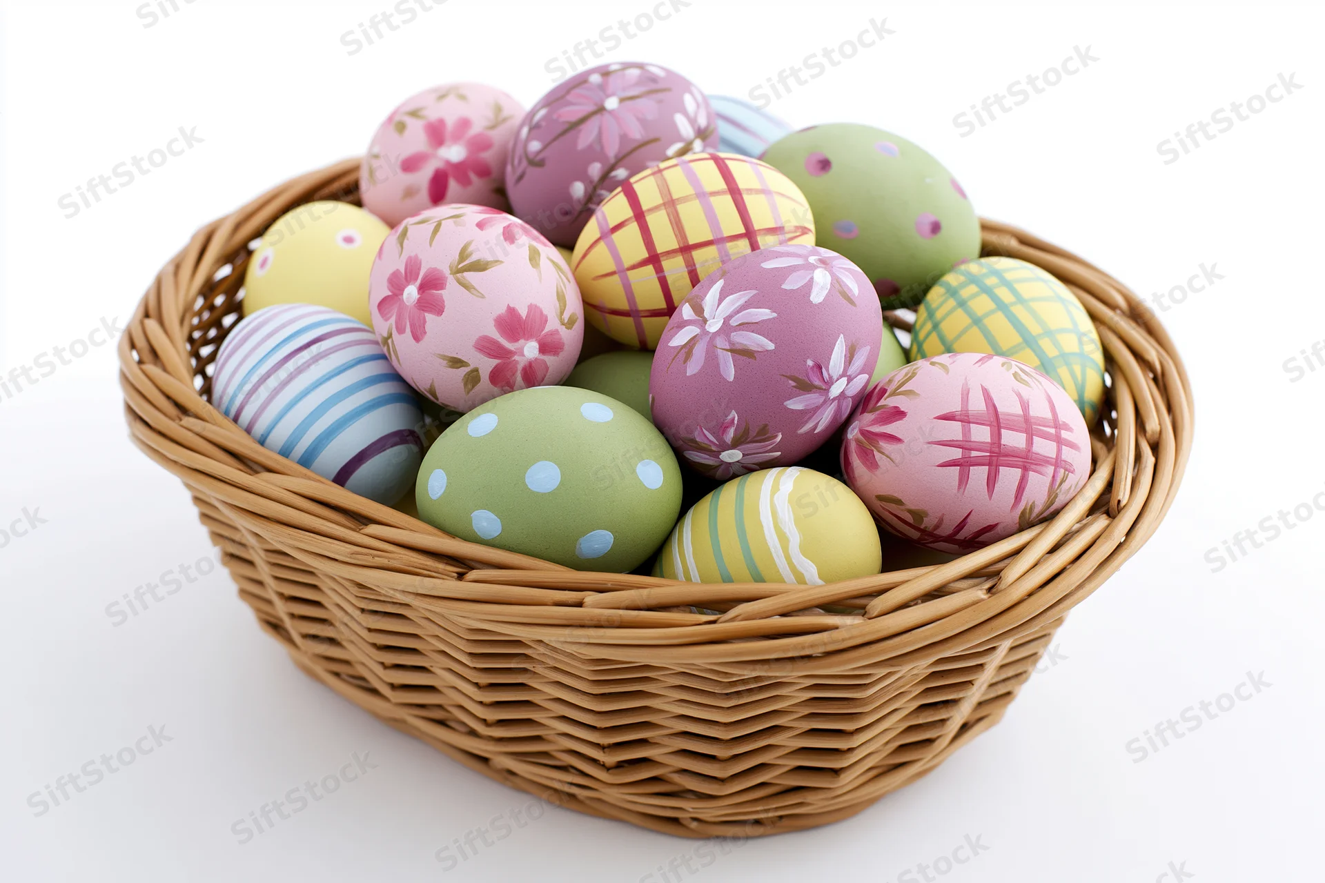 Decorated easter eggs in a woven wicker basket on white background