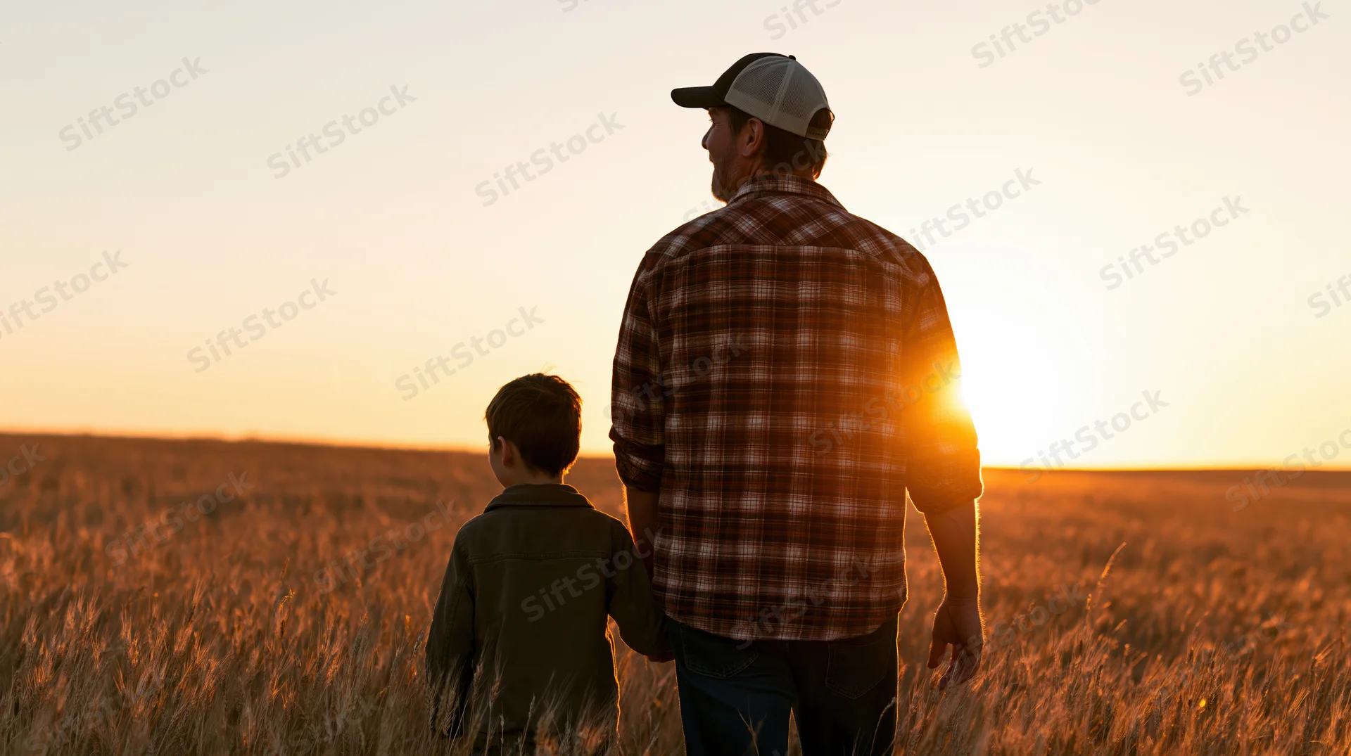 Father and son standing side by side in a wheat field at sunset
