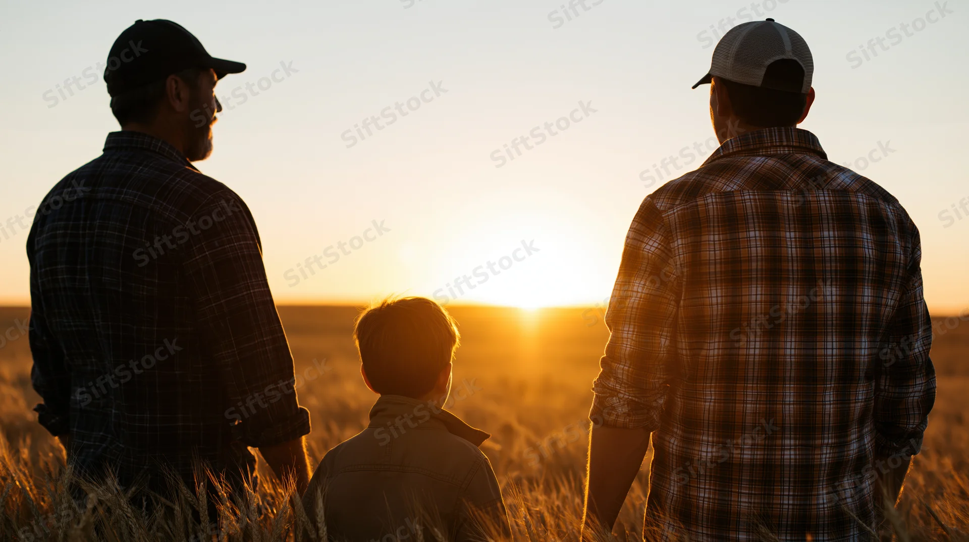 Three people standing in a wheat field at sunset, backs to camera, silhouetted against the sun