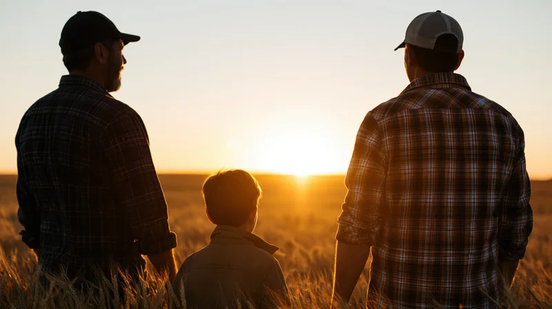 Three people standing in a wheat field at sunset, backs to camera, silhouetted against the sun