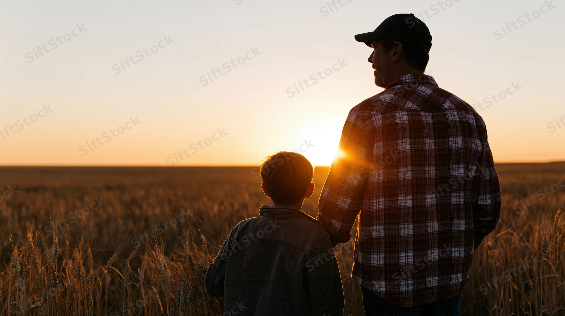 Father and son standing side by side in a wheat field at sunset