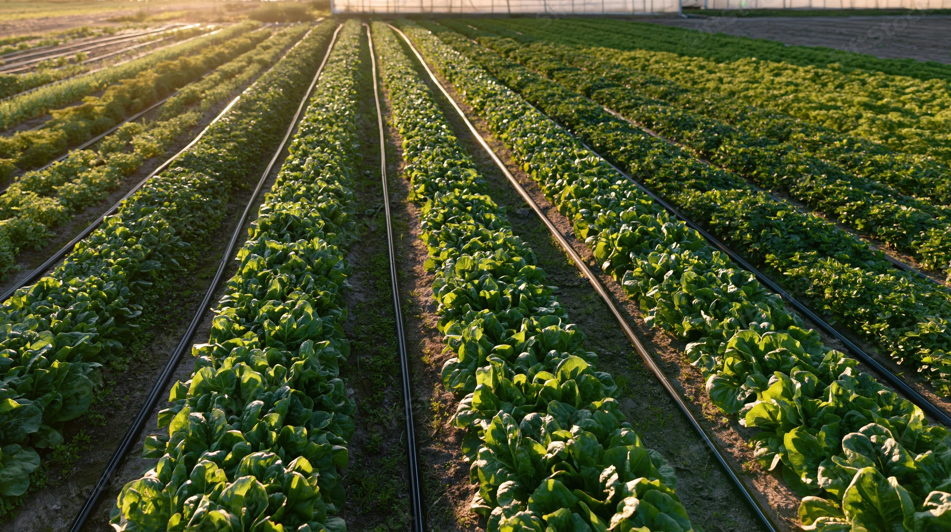Long parallel rows of leafy green vegetables growing in a field with irrigation lines under morning sunlight