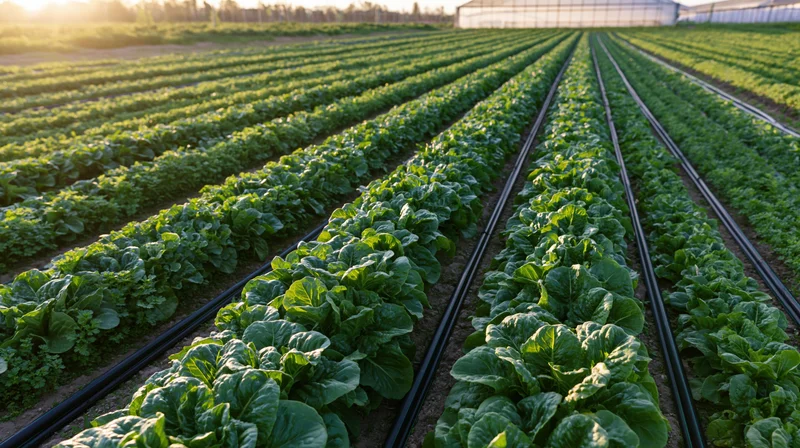 Rows of leafy green lettuce growing in a farm field with irrigation lines under morning sunlight