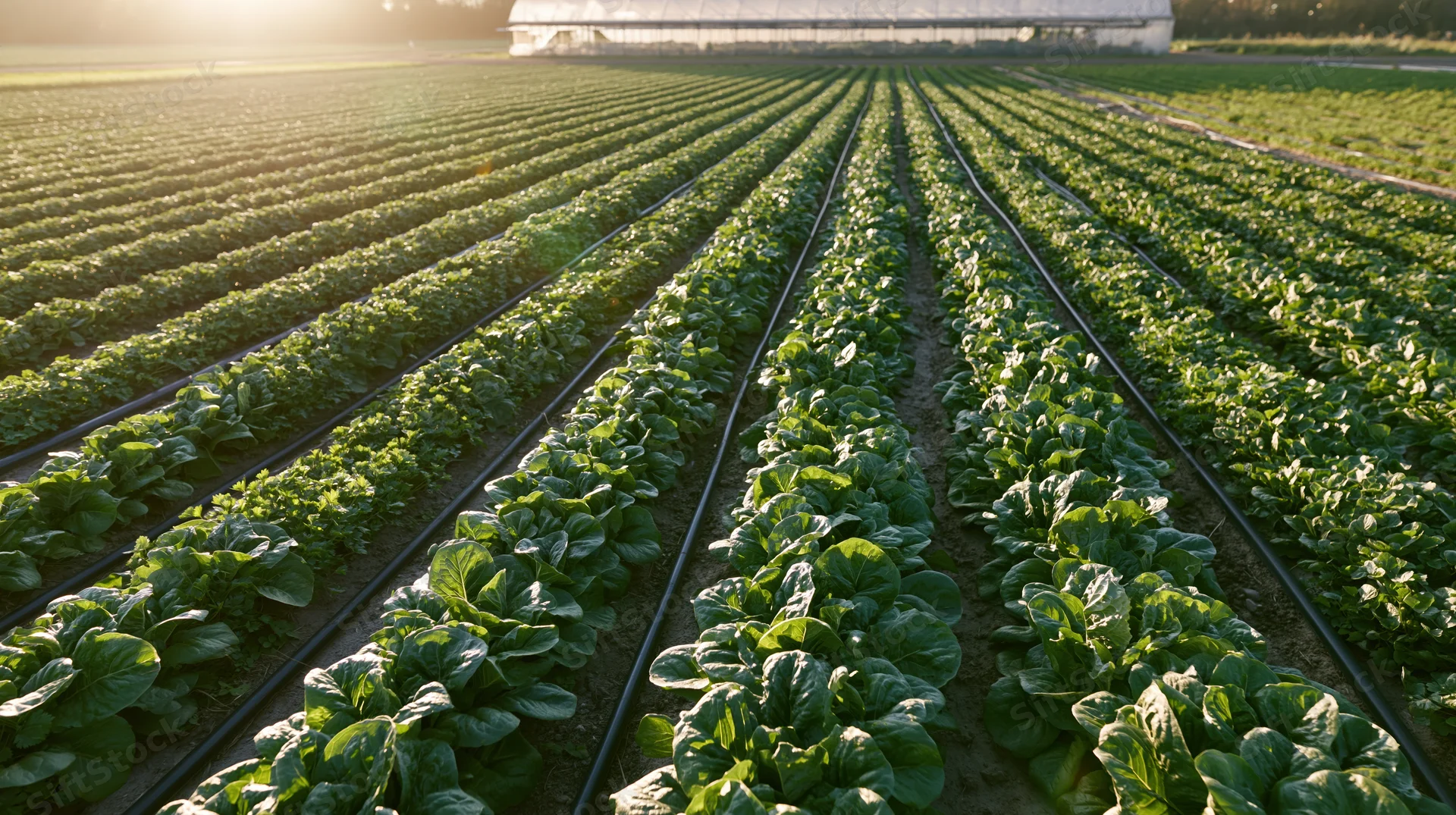 Long parallel rows of leafy green vegetables growing in a field with irrigation lines and a greenhouse in the background at dawn