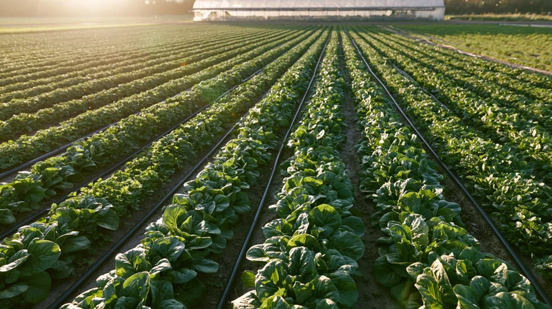 Long parallel rows of leafy green vegetables growing in a field with irrigation lines and a greenhouse in the background at dawn