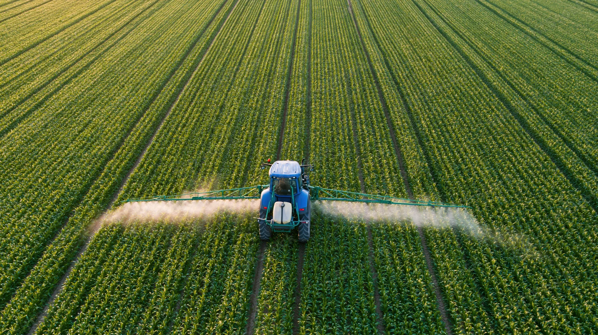 Blue tractor spraying crops in a green field from above