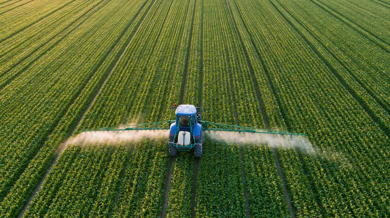 Blue tractor spraying crops in a green field from above