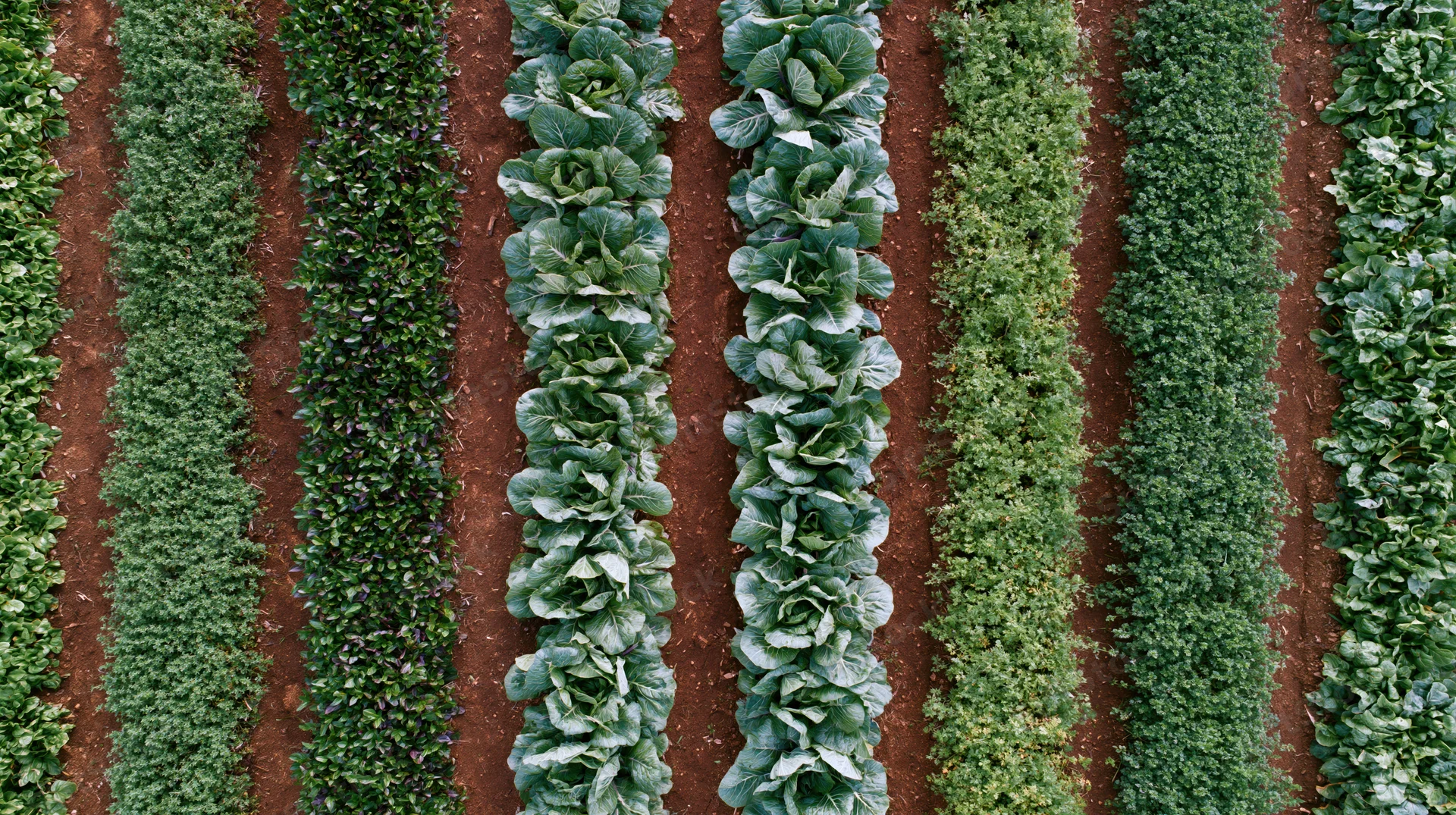 Aerial view of parallel rows of leafy vegetables growing in a farm field