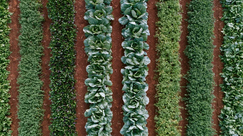 Aerial view of parallel rows of leafy vegetables growing in a farm field