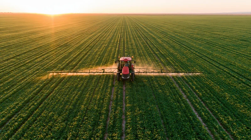 Red tractor spraying crops in a vast green field at sunset from aerial view