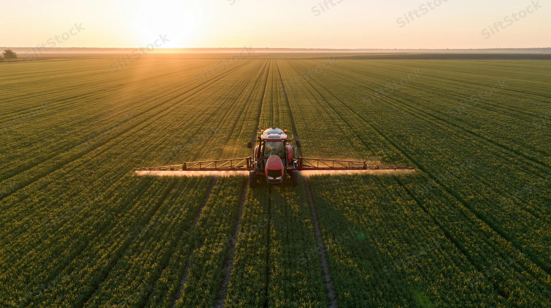 Red agricultural sprayer applying pesticide across a vast green cornfield at sunset from aerial drone view