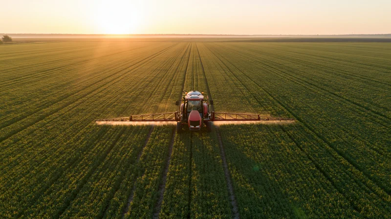 Red agricultural sprayer applying pesticide across a vast green cornfield at sunset from aerial drone view