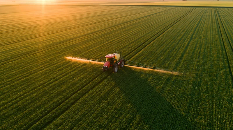 Red agricultural sprayer applying chemicals across a vast green field at sunset